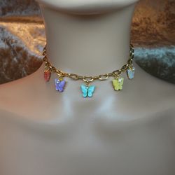 Colorful Crystal Butterfly Charm Choker Necklace 