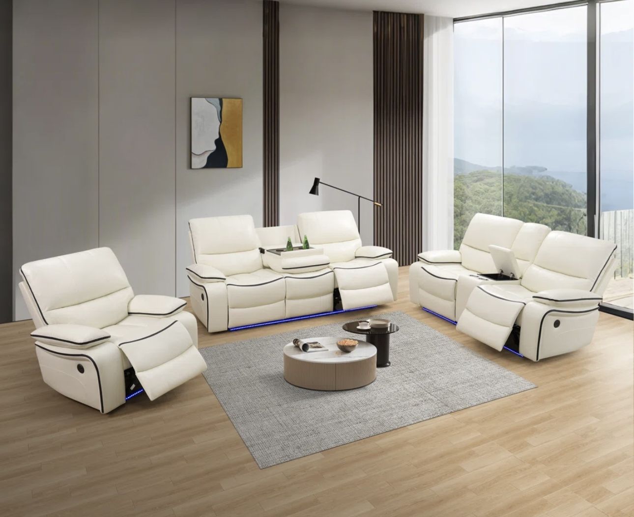 Power Electric White Leather Fully Reclining Couch Set 