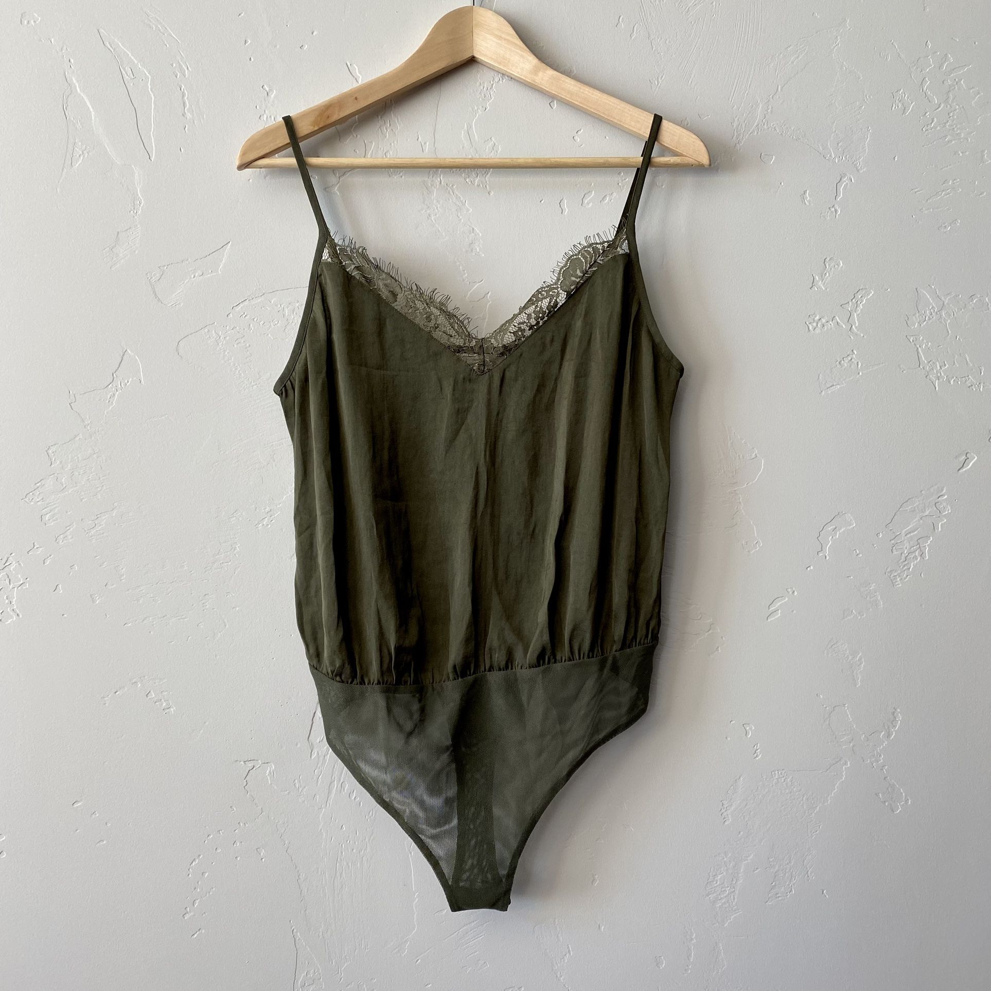 Socialite Women’s Lace Trim Satin Bodysuit Green NWT