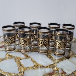 Rare Set of 8 Vintage 1970s Culver 22k Gold & Black Highball Glasses  (CUV54)