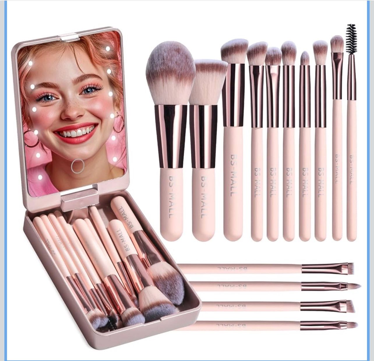 Makeup Brushes Set with LED light Mirror for travel. Hard case. Gift. Brand new