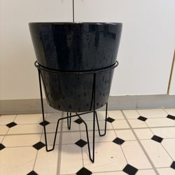 Dark Blue Glazed 10” Ceramic Planter Pot with Stand 