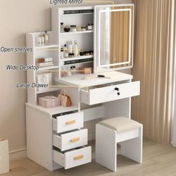 Makeup Desk with Sliding Mirror And Lights, 3 Color Light Modes Adjustable Brightness,