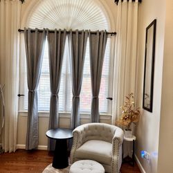 Brand New Accent Chair With Storage Ottoman & Black Round Wood End Table 