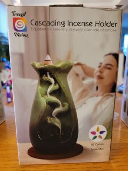 NEW Ceramic Incense Burner with 10 Cones, Waterfall Backflow Incense Holder, Aromatherapy Ornament, Zen Decor, Meditation (Cyan)