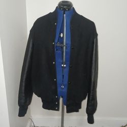 Vtg Holloway Jacket Varsity Letterman Genuine Leather Wool Blend Mens Black XL