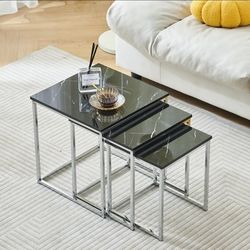 nozama Set of 3 Square End Table Side Table Nesting Nightstand Chrome Finish Contemporary,Furniture Home Living Room for Small Space, Faux Marble Glos