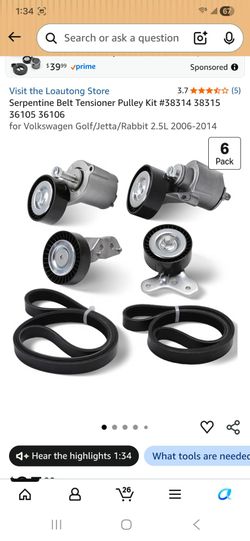 Serpentine Belt Tensioner Pulley Kit #385 36105 36106
for Volkswagen Golf/Jetta/Rabbit 2.5L 2006-2014

BOX IS DAMAGED BUT ITEM IS NEW 
Please 