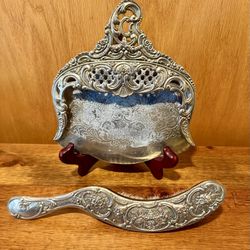 ANTIQUE 1910s VICTORIAN SILVER-PLATE BUTLER CRUMB CATCHER W/ BRUSH