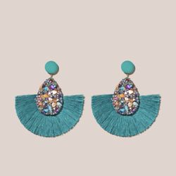 Tassel Decor Drop Earrings Turquoise 