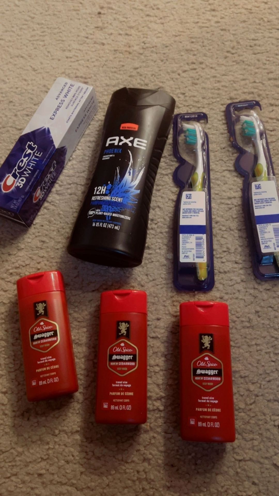 Newly purchased and BRAND new!  Take all for $10 only AXe body wash (473 ml) Crest Toothpaste (107 g) 3 old Spice body wash ( 89ml each) 2 Oral b toot