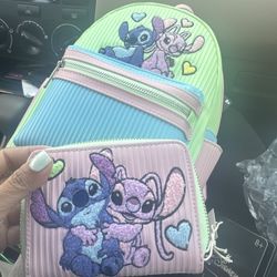 Angel & Stitch Loungefly Pastel Backpack And Wallet 