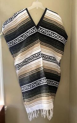Adult Striped Mexican Blanket PONCHO Pancho Costume Festival Pullover OLIVE/TAN