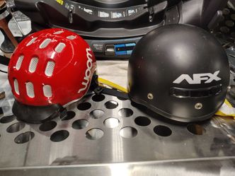 Helmets Pair: Red Woom Kids Bike Helmet (Size M) & Black AFX FX-7 DOT Motorcycle Helmet (Size S)
