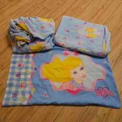 Vintage Barbie Twin Size Fitted & Flat Bedsheet Set with Pillow Case Dan River 1996 Blue Floral Hearts - Made in USA