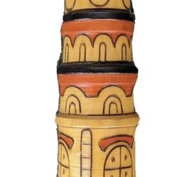 Orange blue pyrography wood tower building block 6 1/8 in h, 2 3/8 in d