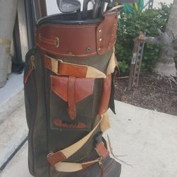 Bushwacker leather golf bag w/clubs