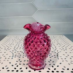 Vintage Fenton Cranberry  Hobnail Ruffled Mini Bud Vase 4"tall x 2 3/8” across the top