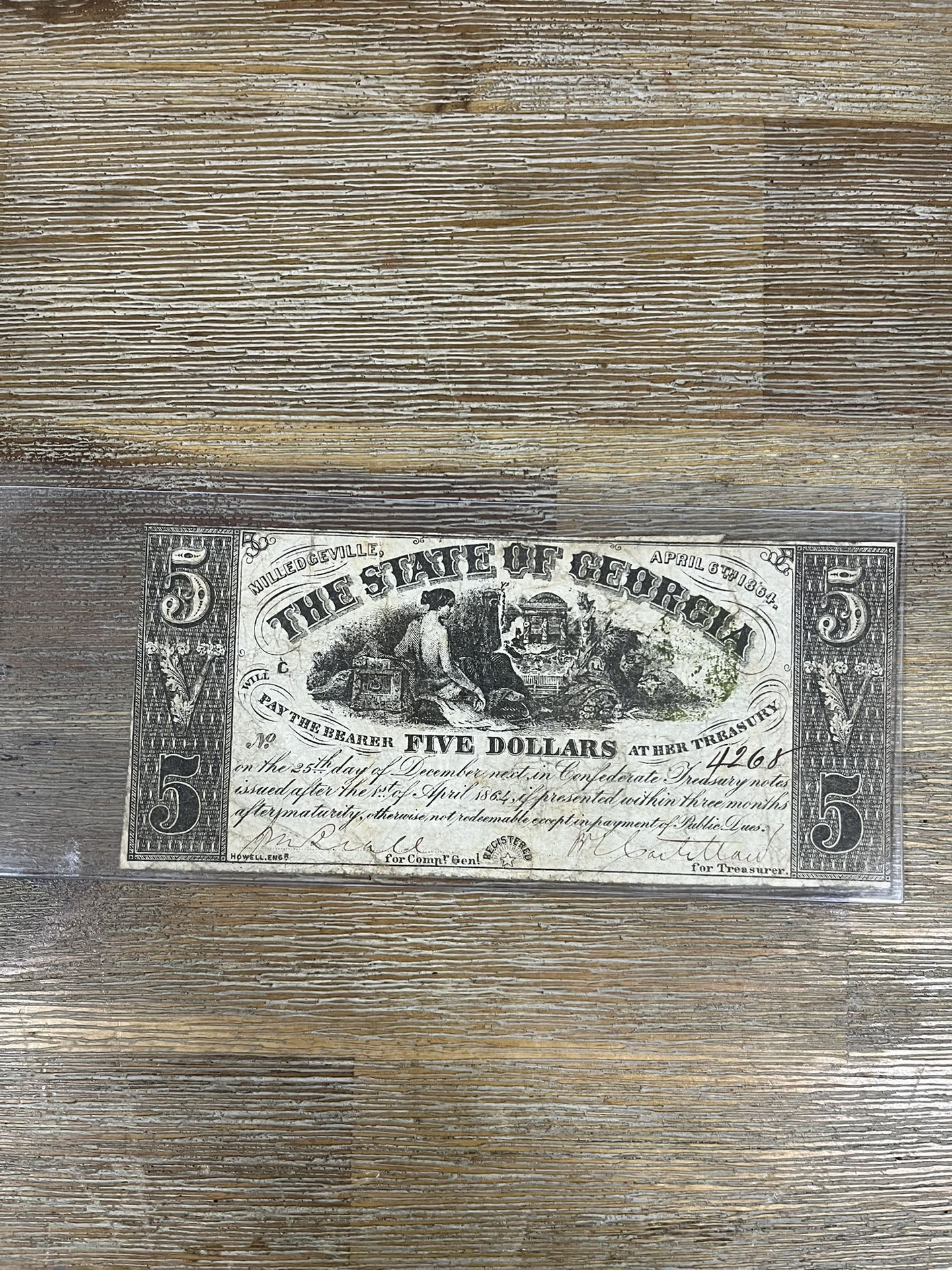 $5 Dollar Confederate The State Of Georgia April 6th 1864 Civil War