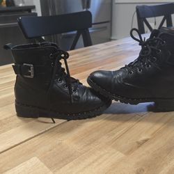 Black Faux Leather Combat Style Ankle Boots With studs & Buckle Accent Girls Size 12 