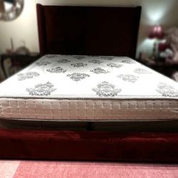 King Size Burgundy Velvet Winged Platform Bed Frame