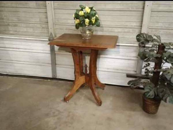 1700s Antique Rolling Wooden Eastlake Style Parlor Table Wood Wheels