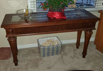 Real wood console table / sofa table with glass top