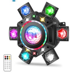 Moving Head DJ Light for Party 150W 6-Arm Remote Control Disco Ball, LED RGB Ring, Red Green Starry, Strobe Multi Effects. DMX512 Sound Activated. For