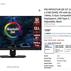 MSI MPG321UR QD 32" Gaming Monitor, 3840 x 2160 (UHD), IPS with Quantum Dot, 1ms, 144Hz