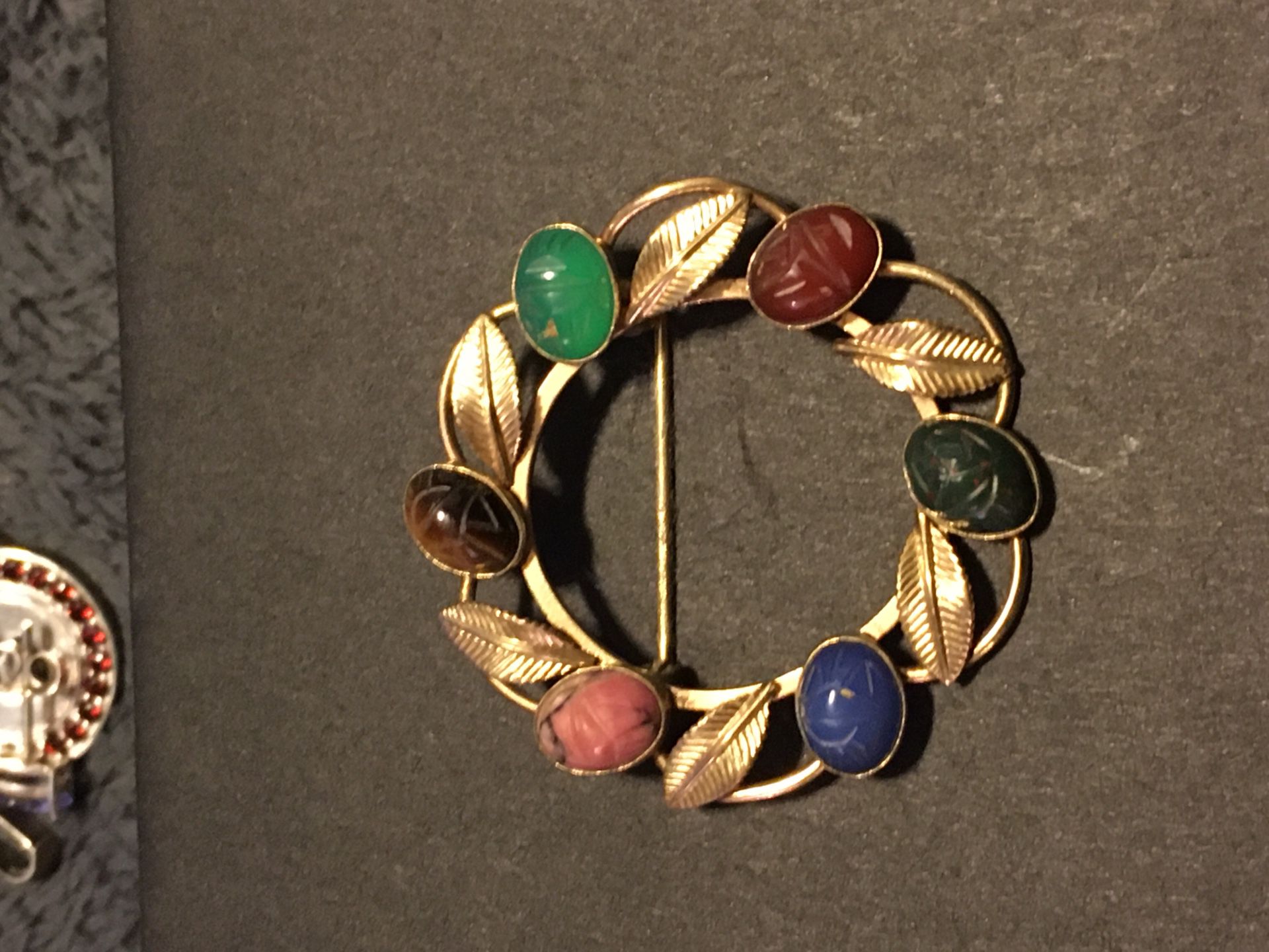 12k gold filled vintage broach with 6 semi precious stone scarabs