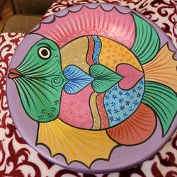 Large 16" Hand Painted Whimsical  Tropical Fish Plate 