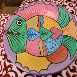 Large 16" Hand Painted Whimsical  Tropical Fish Plate 