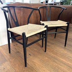 Set Of 2. Metal Frame Raffia Seat Dining Chairs