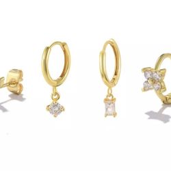 gold crystal charm dangle hoop stud  SET of  4 earrings 