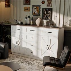Sideboard Buffet Cabinet with Storage, 55" Large Buffet with 6 Drawers and 4 Doors, Modern Farmhouse