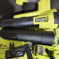Retail $139) RYOBI ONE+ 18V 100 MPH 350 CFM Cordless Battery Variable Speed Jet Fan Leaf Blower with 4.0 Ah Battery And Charger