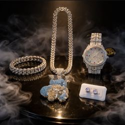 Hip Hop Iced Out Jewelry Set Necklace Pendant Bracelet Watch Stud Earrings