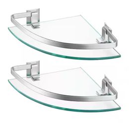 (2 Pack) 10 in. W x 2 in. H x 10 in. D Bathroom Quarter Round Tempered Glass Corner Shelf with Rail in Anodized Aluminum