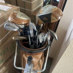 Classic Wilson Golf Clubs, Gooseneck Irons, Wood Drivers, Sand Wedge, Putters, Bag And Cart