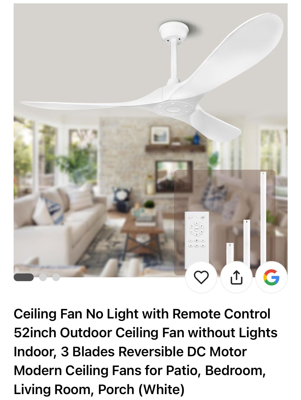 Modern 52” Ceiling Fan – White, Remote Control, Indoor/Outdoor