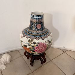 Chinese Style Porcelain Vase with Wooden Stand
