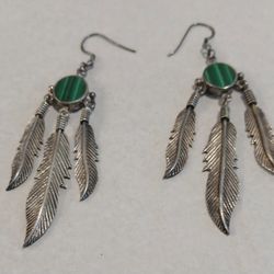 Vintage Malachite Heavy Sterling Silver Feather Dreamcatcher Earrings