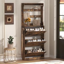 Tall Shoe Cabinet with Coat Rack, Hidden Shoe Storage Cabinet with Doors & Drawer, Hanging Bar & Hooks, Slim Narrow Freestanding Shoe Rack Organizer f
