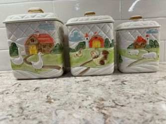 Vintage Otagiri 1982 OMC LOT Quilted Barn Farm Canisters/Containers Set