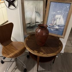 Furniture. Lane  Wood Chair And 2 Picture Frames Of Sail Boats And Room And Board Chair. 