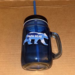 Papa Bear Blue Glass Mug With Lid And Straw