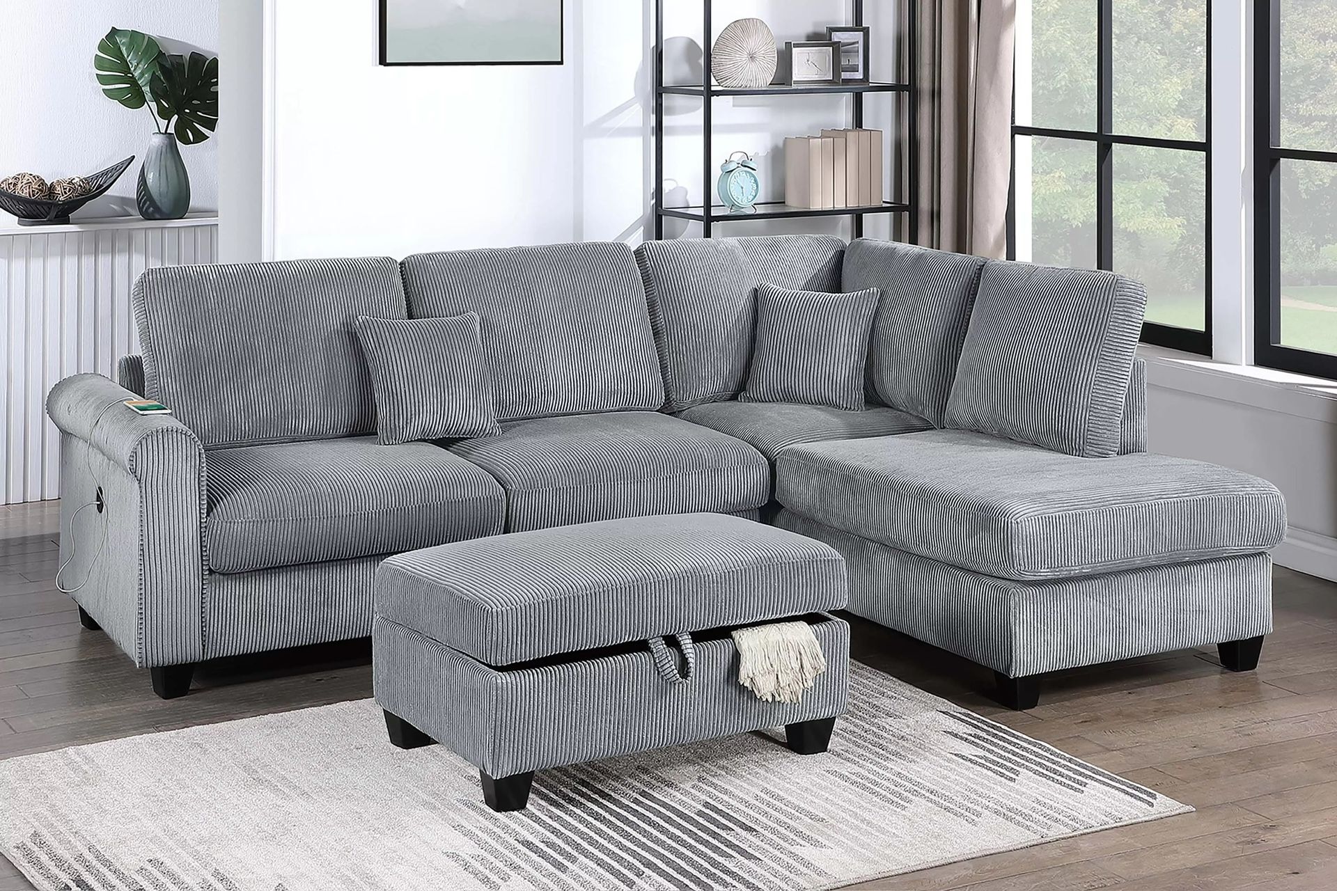 Gray Corduroy Sectional Sofa With Ottoman And UBS Charging Port