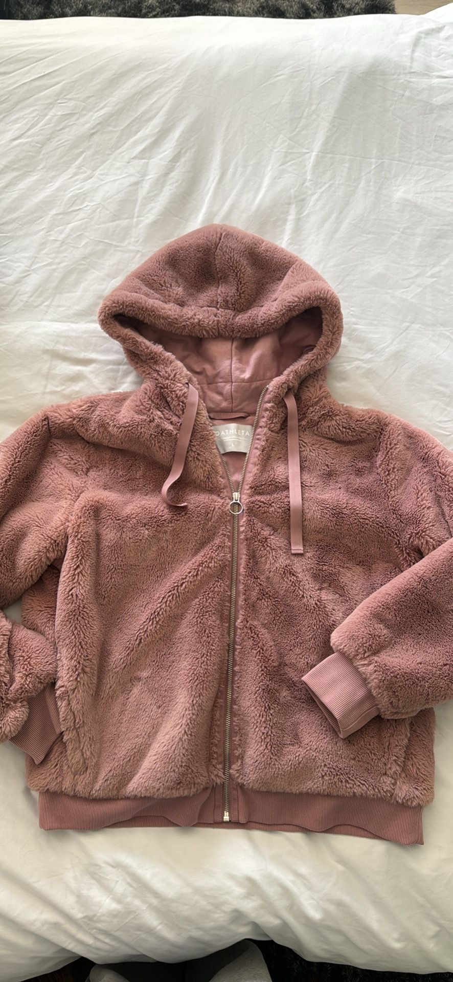 Athleta | Faux Fur Plush Ritual Hooded Jacket Coat Mauve Pink Zip soft fuzzy LARGE