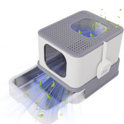 RIZZARI Enclosed Cat Litter Box with Lid, Large Foldable Litter Box with Litter Scoop, Top Entry Cat Toilet for Kittens and Big Cats (Light Gray,Plast