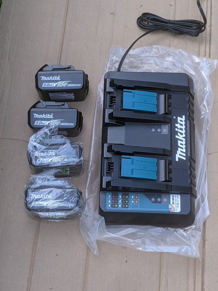 (4) Makita 18-volt 5Ah Batteries With Dual Charger 